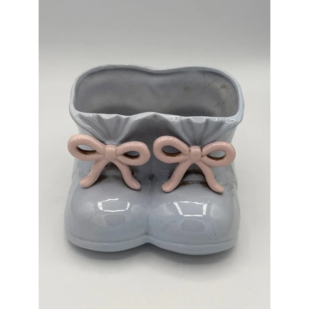 Vintage Baby Booties Planter Blue Pink Bows Velco-1 Ceramic Nursery Decor